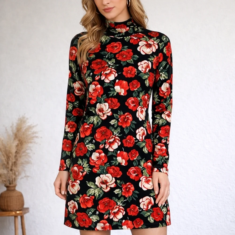 Dark Floral Velvet Mini Black w/ Multicolor Floral Design Dress Sz 14 Turtleneck